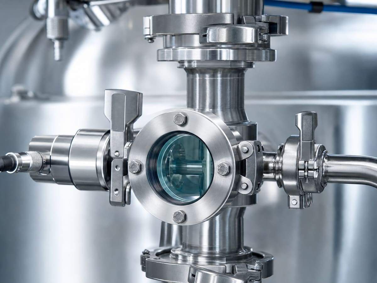 Stainless steel valve fittings on a bioreactor in a bright pharmaceutical suite