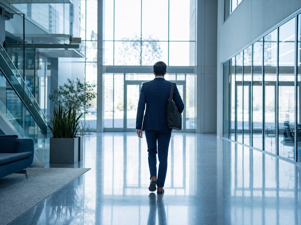 Professional walking toward the bright glass entrance of a modern office, seen from behind