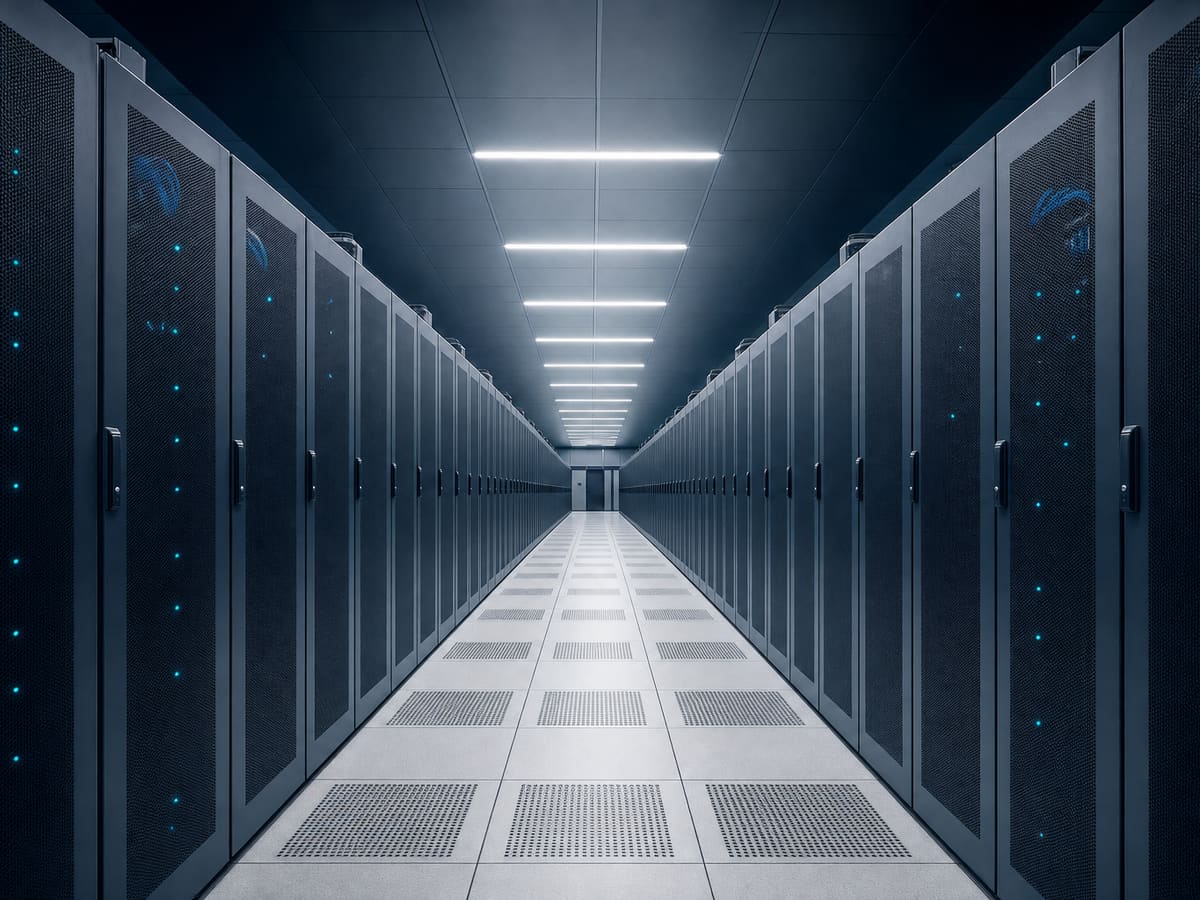 Live data-centre hall with rows of server racks receding under ceiling lighting