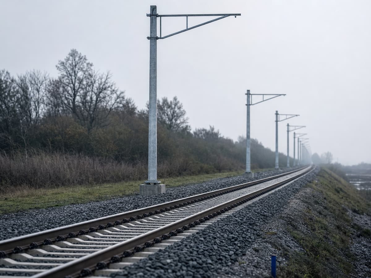 Newly laid railway track on fresh ballast with overhead line masts receding along the cess