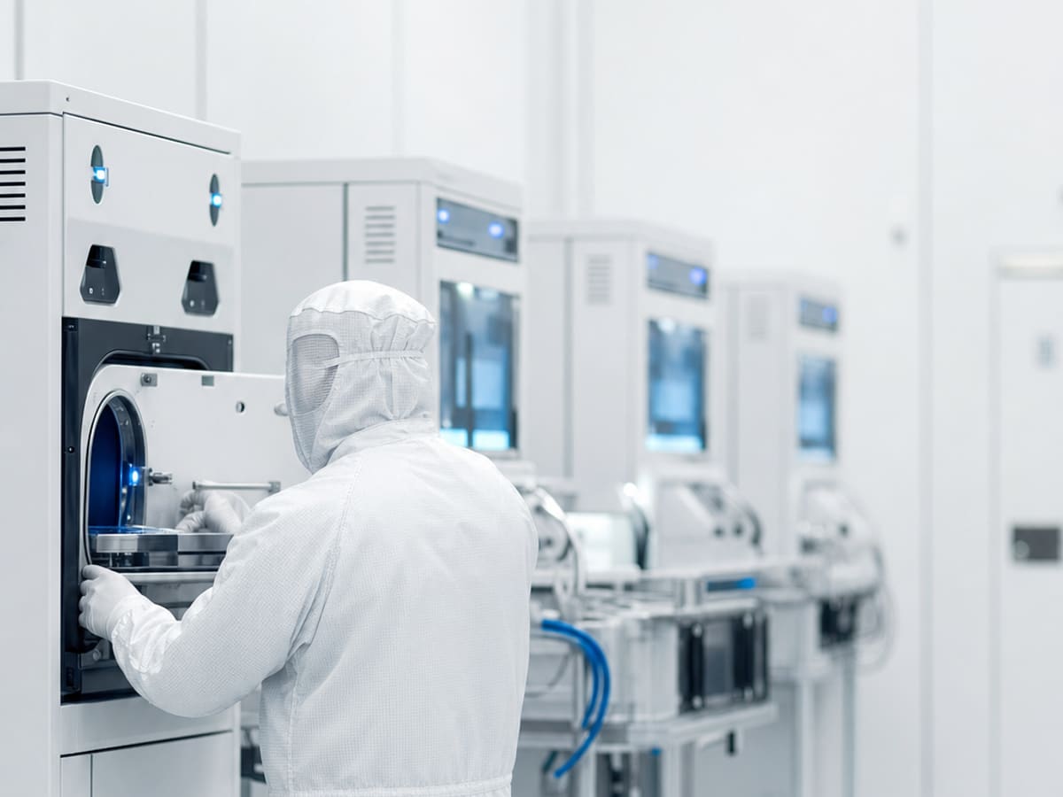 Gowned engineer working at a process tool in a bright cleanroom bay