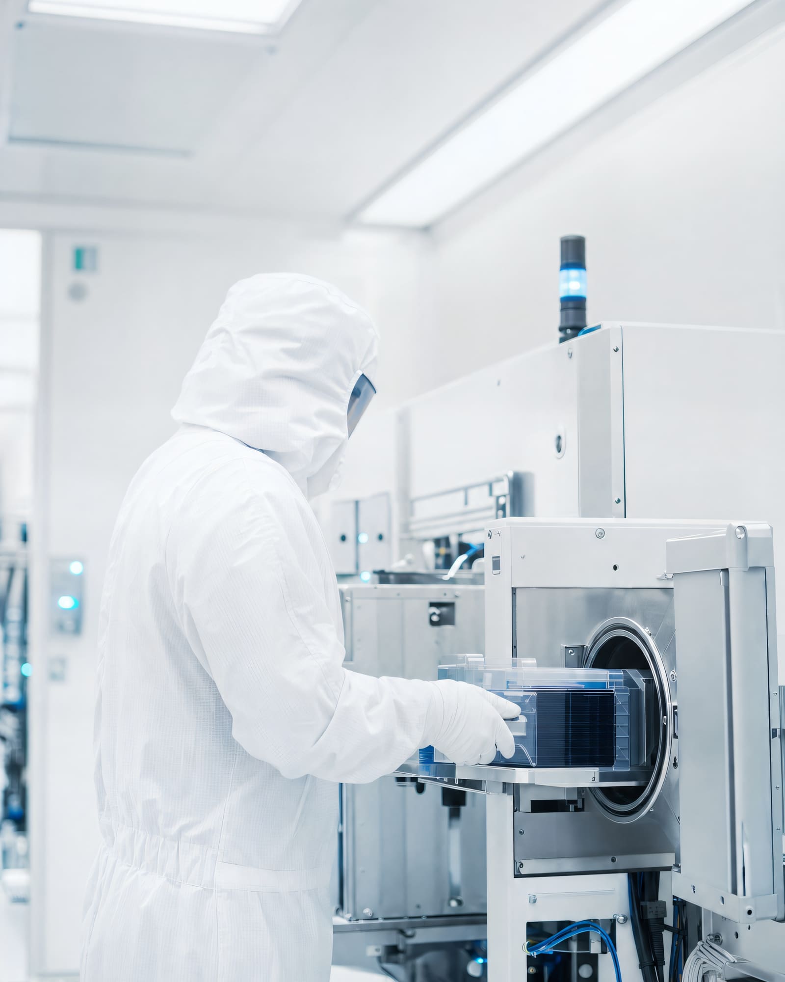 Gowned figure working at a tool in a bright semiconductor cleanroom