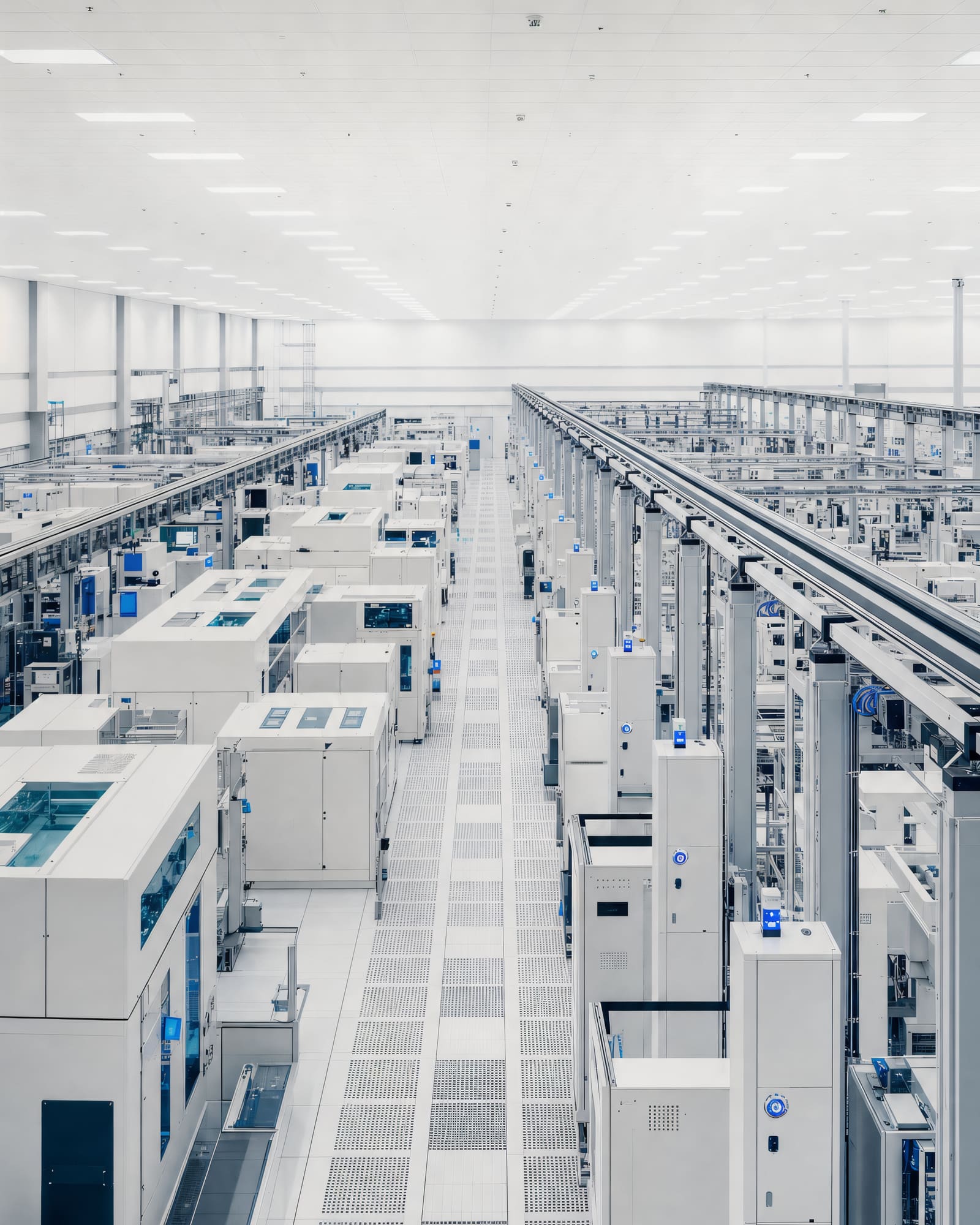 Rows of process tools receding down a bright semiconductor cleanroom bay