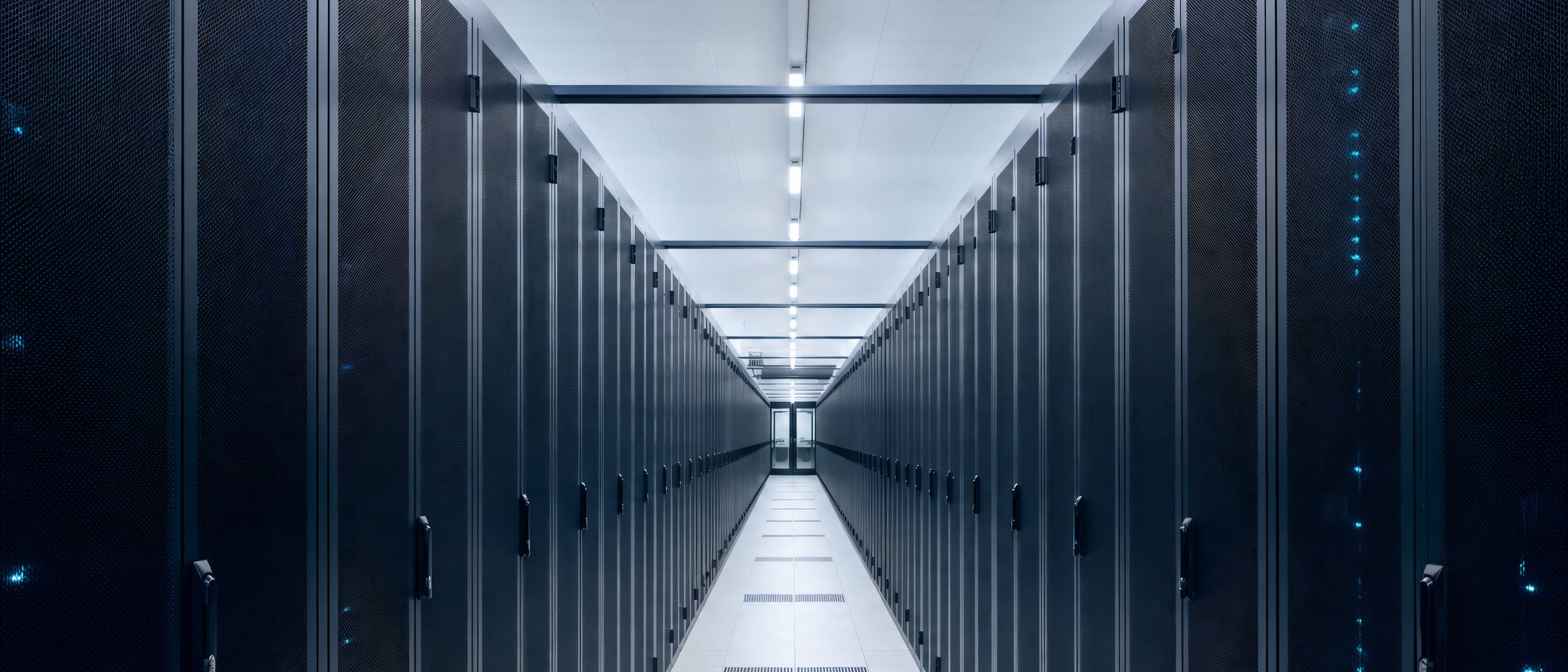 Server racks receding down a bright data-centre hall