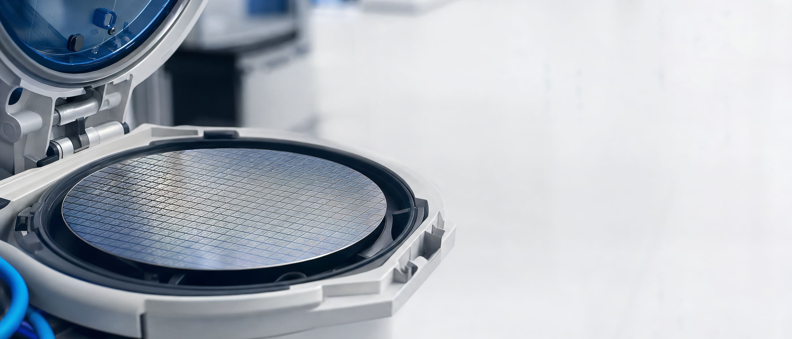 Silicon wafer in an open carrier pod in a bright cleanroom